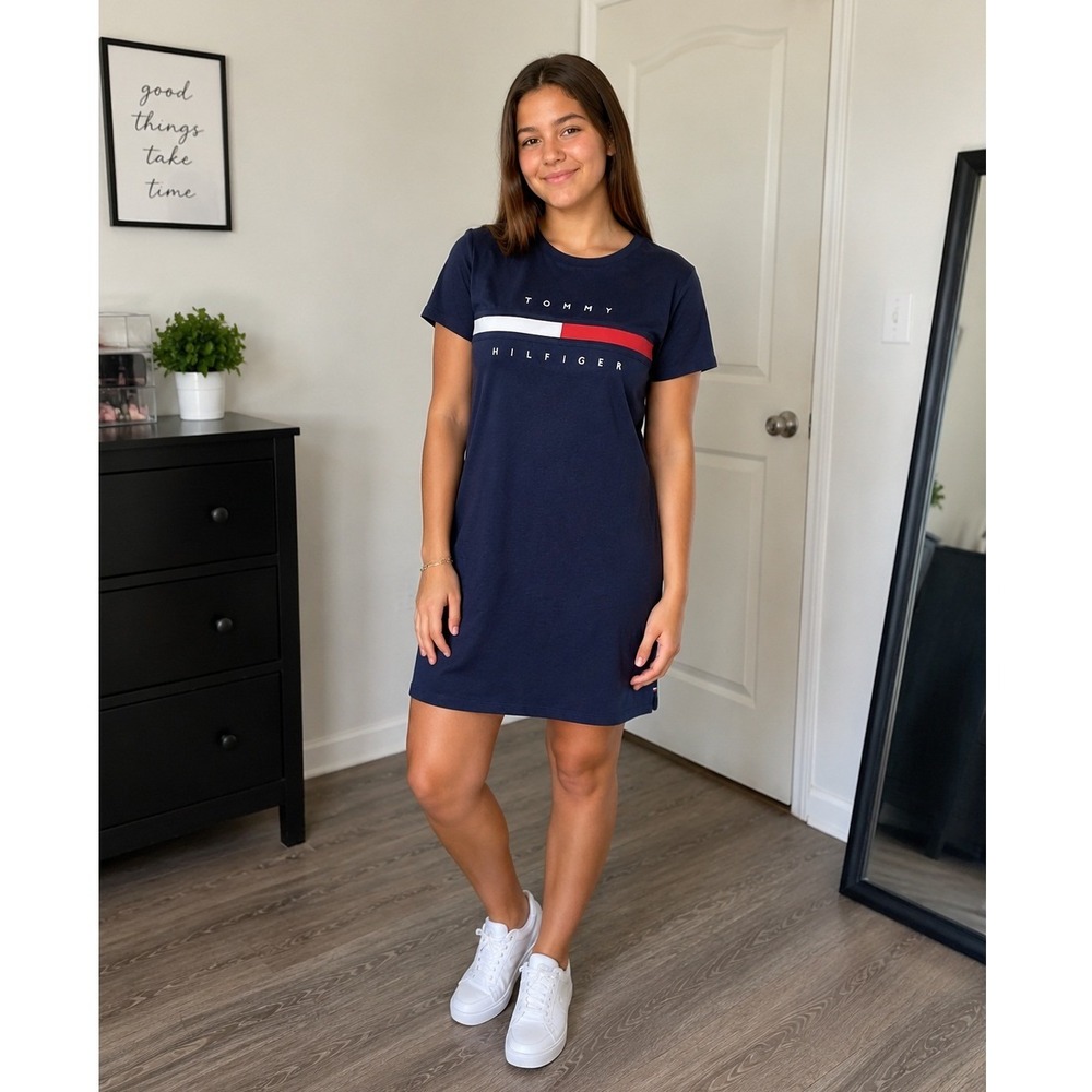 Tommy Hilfiger T-Shirt Dress Girls XL 16 Navy Blue Logo Graphic Short Sleeve